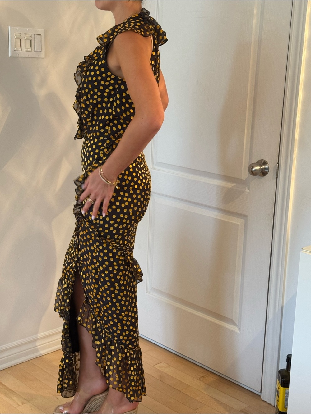 Yellow Polka Dot Ruffle Wrap Dress for Women
